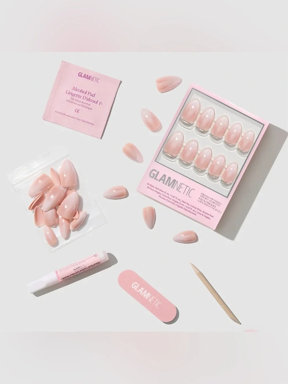 Glamnetic Short Almond Sheer Shimmery Nude Pink Subtle Ombre Glue On Nails